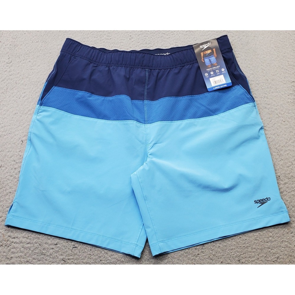 Speedo Tech Volley Swim Trunks Mens L Blue Colorblock Lined UPF 50+Protection